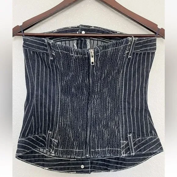 ZARA NEW WOMAN OFF-SHOULDER TRF DENIM TOP WITH STRIPES MEDIUM 5252/009/133/15 - Picture 7 of 9
